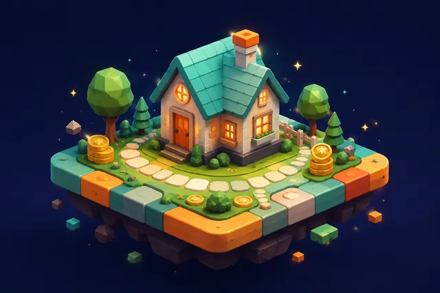 A small house surrounded by coins on a game board